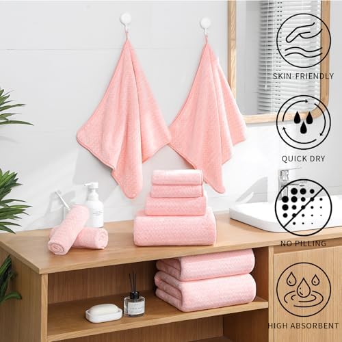 Ultra Soft Bath Towel Set,12 Piece (4 Bath Towels,4 Hand Towels,4 Washcloths) Family Bathroom Towel Set with Hanging Loops,Quick Dry Extra Absorbent Fluffy Shower Towel for Bathroom,Hotel,Spa-Pink