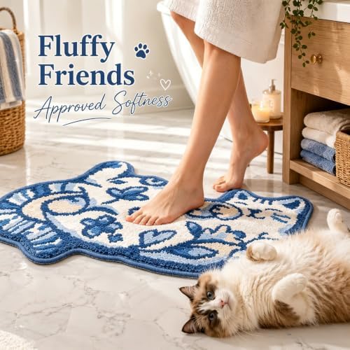 Cute Cat Bath Mat, Unique Blue Small Fun Bathroom Rug