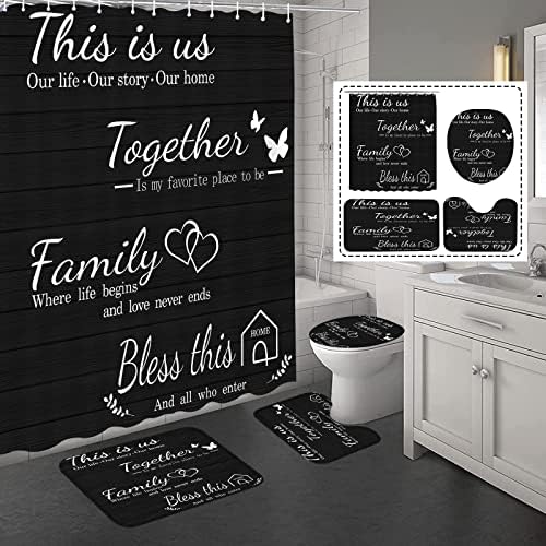 4Pcs Family Shower Curtain Sets with Non-Slip Rugs