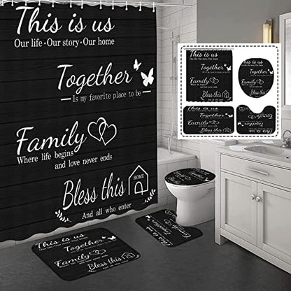 4Pcs Family Shower Curtain Sets with Non-Slip Rugs