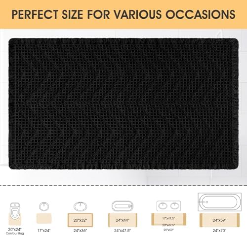 Upgrade Waffle Bath Mat, Boho Bathroom Rugs Absorbent Non Slip, Ultra Soft Bathroom Mat, Machine Washable Knit Bath Rugs with Herringbones for Bathroom,Bedroom, Kitchen, Shower, Tub,36"x24", Black