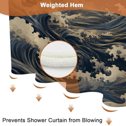 Japanese Style Ocean Waves Waterproof Coastal Shower Curtain with Hooks