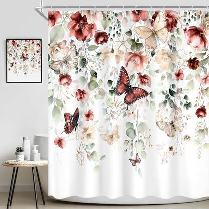 Red Floral Butterfly Summer Spring Plant Bathroom Shower Curtain Set