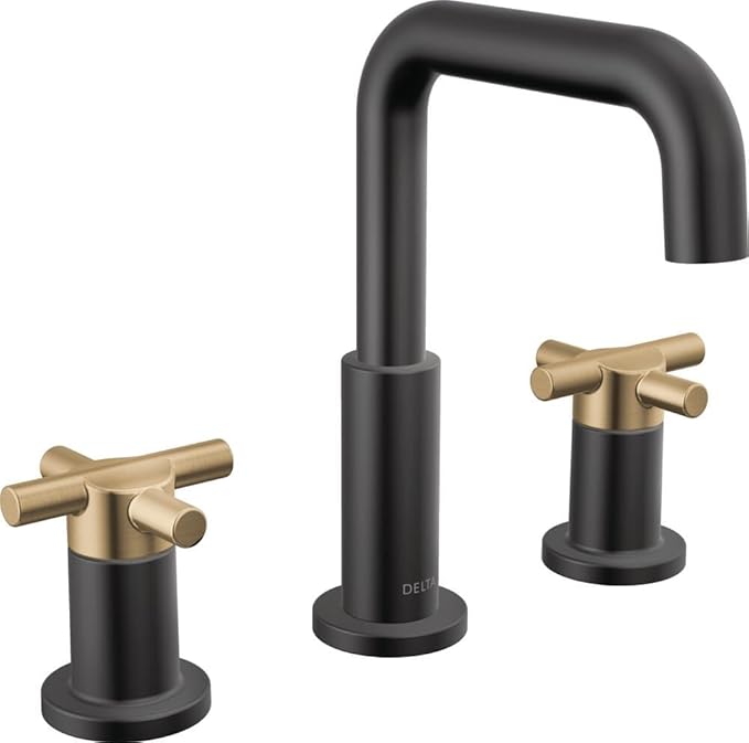 Delta Nicoli Matte Black/ Brushed Gold Bathroom Faucet 3 Hole, 8 Inch Widespread Bathroom Sink Faucet for Vanity, Push-Pop Drain Assembly, Matte Black/ Champagne Bronze 35894LF-GZ