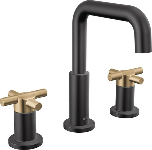 Delta Nicoli Matte Black/ Brushed Gold Bathroom Faucet 3 Hole, 8 Inch Widespread Bathroom Sink Faucet for Vanity, Push-Pop Drain Assembly, Matte Black/ Champagne Bronze 35894LF-GZ