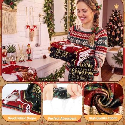 FuWeave 8 Pcs Merry Christmas Shower Curtain Set, Black Santa Angel Xmas Tree Red Plaid Farmhouse Bathroom Decor, Non-Slip Bath Rug, U Contour Mat, Toilet Lid Cover, Hand Towels & 12 Hooks