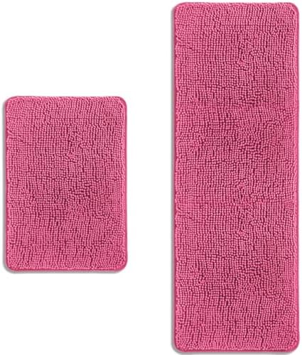 Bathroom Rugs Sets 2 Piece – Absorbent and Washable Bath Mat, Non-Slip, Thick Soft Chenille Bath Rugs for Bathroom Floor, Shower, Sink(17" x 24"+17" x 47", Hot Pink)