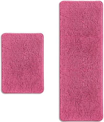 Bathroom Rugs Sets 2 Piece – Absorbent and Washable Bath Mat, Non-Slip, Thick Soft Chenille Bath Rugs for Bathroom Floor, Shower, Sink(17" x 24"+17" x 47", Hot Pink)