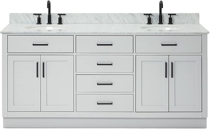 ARIEL Hepburn 72-inch Bathroom Vanity with Sink,Solid Wood, 0.75-inch Italian Carrara Marble Countertop & Backsplash, Double Oval Porcelain Sink, 4 Soft Closing Doors, 6 Dovetail Drawers, Grey