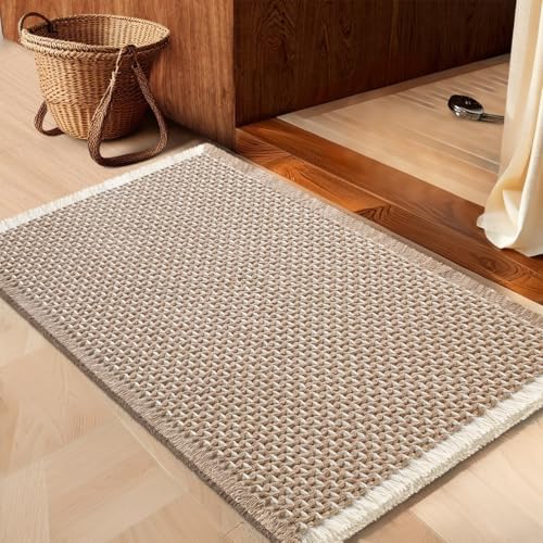 IM HOME Waffle Bath Mat Beige & White 36"x24", Boho Woven Modern Bath Mat Rugs, Absorbent Non Slip Bathroom Rugs, Soft Washable Bath Rugs with Tassels for Bathroom, Bedroom, Kitchen, Shower, Tub