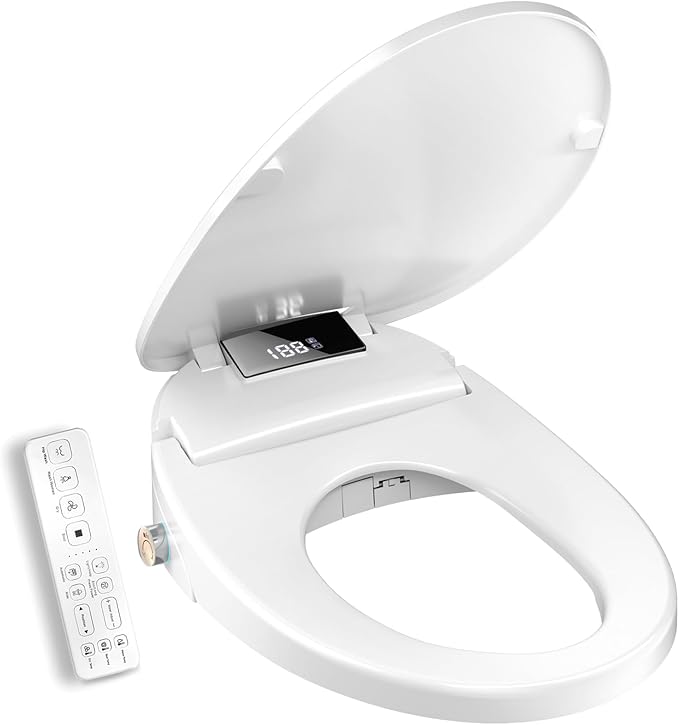 Electric Heated Bidet Toilet Seat with Remote Control, Adjustable Warm Water & Pressure, Air Drying, Self-Cleaning Nozzle, Oscillating Cleaning, Display Screen, Slow Closed Lid - Round