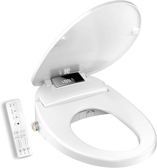 Electric Heated Bidet Toilet Seat with Remote Control, Adjustable Warm Water & Pressure, Air Drying, Self-Cleaning Nozzle, Oscillating Cleaning, Display Screen, Slow Closed Lid - Round