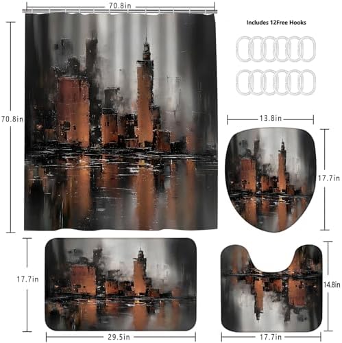 Yddsky 4 Pcs Brown Abstract Shower Curtain Set with Rugs Bathroom Set
