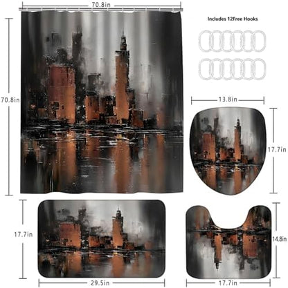 Yddsky 4 Pcs Brown Abstract Shower Curtain Set with Rugs Bathroom Set