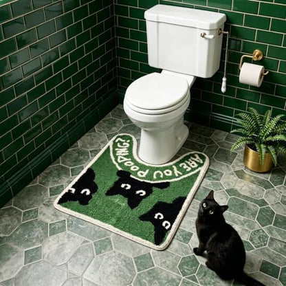 Funny Black Cat Toilet Rug - U-Shaped Toilet Contour Mat with are You Pooping? Design, Absorbent Non Slip Bathroom Mat, Machine Washable Quirky Bathroom Decor for Cat Lovers