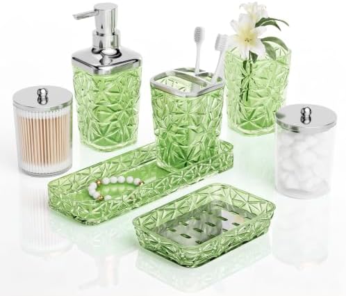 Green Bathroom Accessories Set 7 Pcs, Green Bathroom Sets, Acrylic Soap Dispenser and Toothbrush Holder Set, Qtip Holder Set, Bathroom Sink Set, Gift for Home Apartment