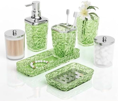 Green Bathroom Accessories Set 7 Pcs, Green Bathroom Sets, Acrylic Soap Dispenser and Toothbrush Holder Set, Qtip Holder Set, Bathroom Sink Set, Gift for Home Apartment