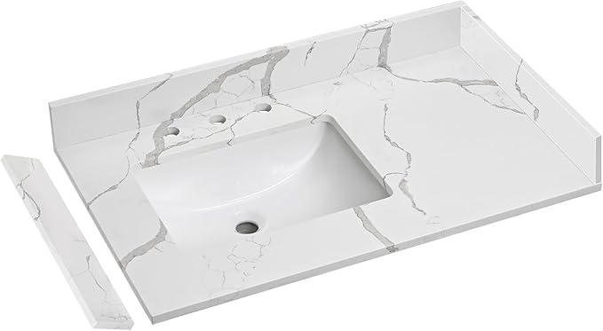 36 in.W x 22 in.D Quartz Calacatta River Vanity Top,with Undermount Left Offset Sink Vanity Top,with Two Sidesplash & One Backsplash,8 Inch Faucet Hole Spread Bathroom Vanity Sink Countertop