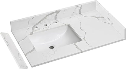 36 in.W x 22 in.D Quartz Calacatta River Vanity Top,with Undermount Left Offset Sink Vanity Top,with Two Sidesplash & One Backsplash,8 Inch Faucet Hole Spread Bathroom Vanity Sink Countertop