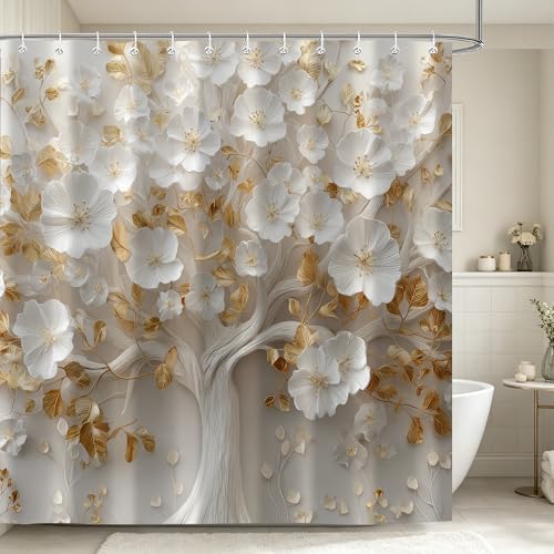 Moonslim White Gold Floral Tree Shower Curtain, Modern Aesthetic Elegant Bathroom Decor Waterproof Polyester Fabric Bath Curtain with Hooks 72x72 Inch