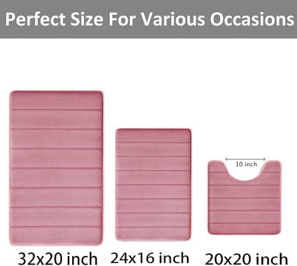 Pink Memory Foam Bath Mat Set, Bathroom Rugs for 3 Pieces, Toilet Mats, Soft Comfortable, Water Absorption, Non-Slip, Thick, Machine Washable, Easier to Dry for Floor Mats Pink Bathroom Sets