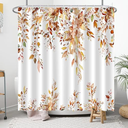 Fall Eucalyptus Leaves Shower Curtain, Autumn Aesthetic Art Watercolor Plant Leaf with Floral Bathroom Decor, Waterproof Fabric Cloth Bath Curtain Set with Hooks (Brown-Orange, 72" W x 72" L)