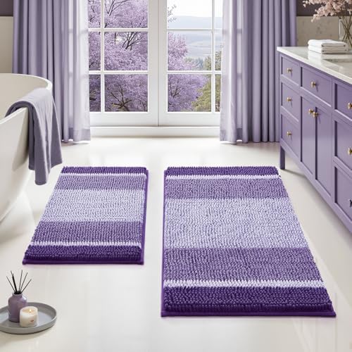HOMEIDEAS Purple Bathroom Rugs Set of 2, Striped Chenille, 20"x32"+17"x24"
