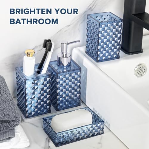 RYTOXILO Bathroom Accessories Set, 4 Pack Blue Acrylic Bath Accessory Sets Complete, Diamond Soap Dispenser and Toothbrush Holder Bathroom Counter Sink Set, Boho Modern Bathroom Decor