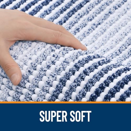 OLANLY Bathroom Runner Rugs 47x20, Soft Chenille Striped Bath Rugs, Navy