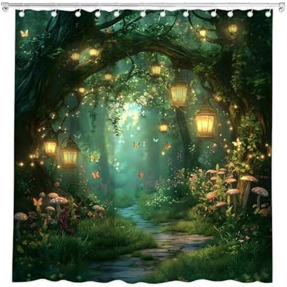 Fantasy Forest Path Shower Curtain Fairy Magical Enchanted Misty Jungle Mushroom Floral Tree Butterfly Lantern Wonderland Bath Curtain Fabric Bathroom Accessories Decor with Hooks 70W x70L