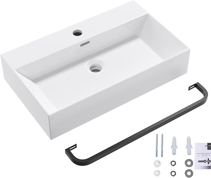 Wall Mount Rectangular Vessel Sink with Towel Rack, QISHKA 24"x14" Modern Ceramic Bathroom Floating Sink, White Rectangle Vanity Sink with Overflow, Wall Hung Wash Hand Basin