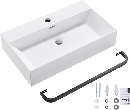 Wall Mount Rectangular Vessel Sink with Towel Rack, QISHKA 24"x14" Modern Ceramic Bathroom Floating Sink, White Rectangle Vanity Sink with Overflow, Wall Hung Wash Hand Basin