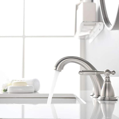 8 Inch 3 Holes Brushed Nickel Low Arc Widespread Bathroom Sink Faucet, 2 Handles Bathroom Faucet with Stainless Steel Pop Up Drain, WF008-4-BN