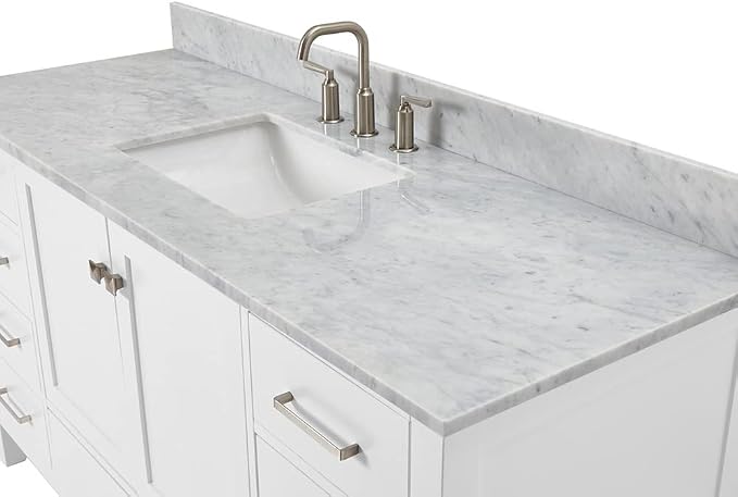 ARIEL Cambridge 60-inch Bathroom Vanity with Sink,Solid Wood, 0.75-inch Italian Carrara Marble Countertop, Single Rectangular Porcelain Sink, 2 Soft Closing Doors, 9 Dovetail Drawers, White