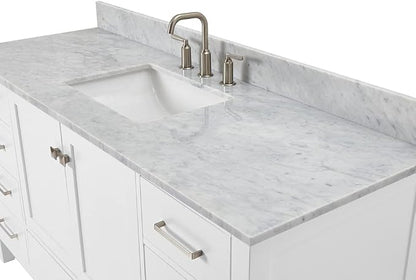 ARIEL Cambridge 60-inch Bathroom Vanity with Sink,Solid Wood, 0.75-inch Italian Carrara Marble Countertop, Single Rectangular Porcelain Sink, 2 Soft Closing Doors, 9 Dovetail Drawers, White
