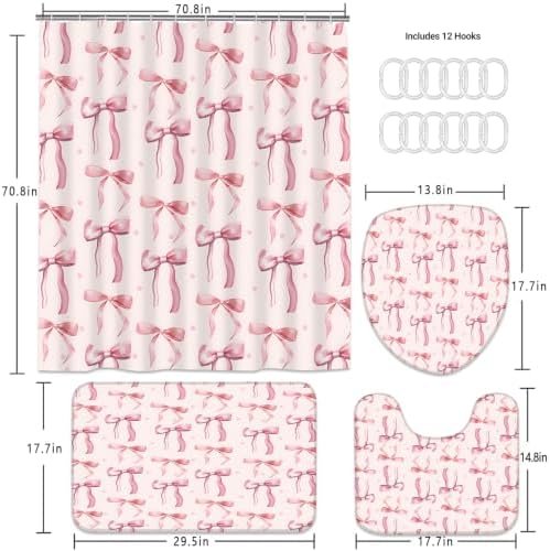 AZHM 4pcs Polka-Dot Bow Bathroom Shower Curtain Set with Rugs and Hooks