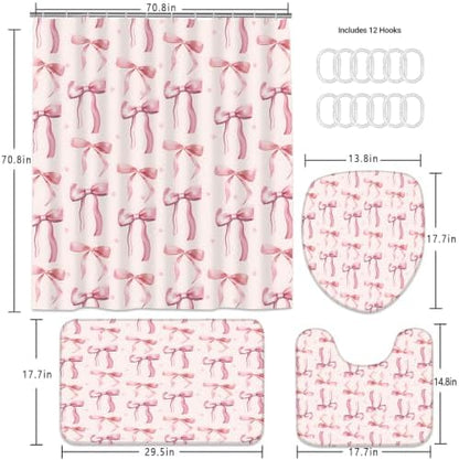 AZHM 4pcs Polka-Dot Bow Bathroom Shower Curtain Set with Rugs and Hooks