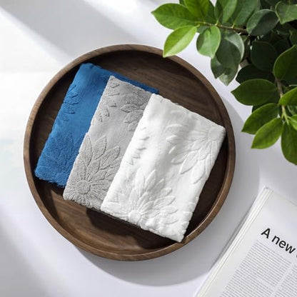 Tiamon 3 Pcs Bathroom Towel Decorative Set 100% Cotton Fluffy Bath Hand Towels for Guest Gifts Farmhouse Kitchen Hand Towels Home(White, Gray, Blue,30 x 13 Inch,Floral)