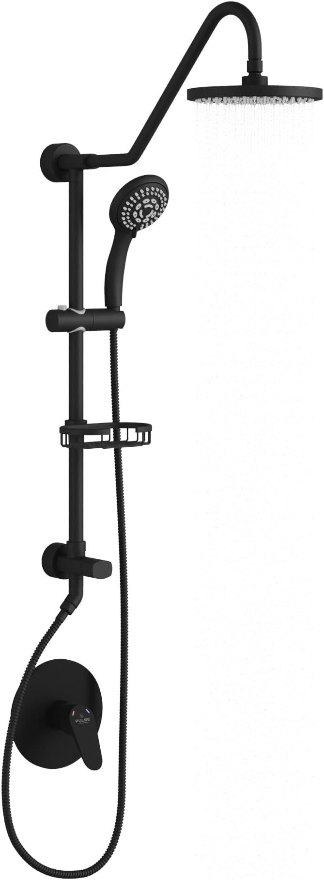 PULSE ShowerSpas Kauai III Matte Black Rain Shower Head with Handheld Spray - 2.5 GPM, 8" Showerhead, 5-Function HandShower, Adjustable Slide Bar - Shower Heads with Handheld Spray Combo