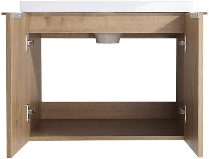 SSLine Wall Mounted Bathroom Vanity with Sink Combo Modern 24-Inch Single Bathroom Vanity Set with Top Basin &Storage Cabinet Wood Hanging Bath Cabinet w/Resin Sink for Small Space(Brown)