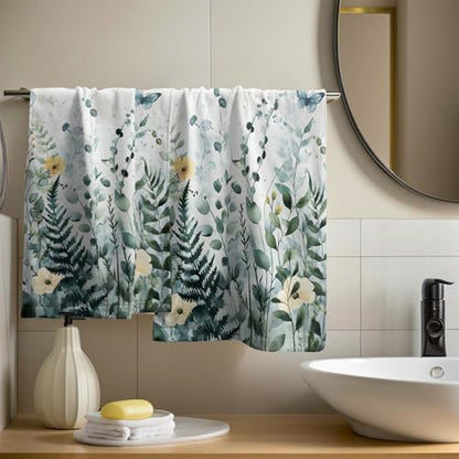 Sage Green Leaves Hand Towels Set of 2-28x14 Inch Summer Botanical Floral Leaf Butterflies Soft Highly Absorbent Face Dish Cloth for Kitchen Bathroom Gym Poolside Spa Decor
