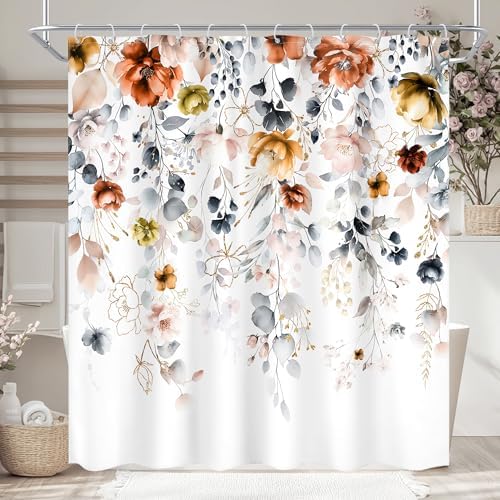 Floral Rustic Wildflower Watercolor Plant Grey Bathroom Shower Curtain Set