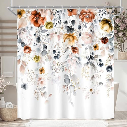 Floral Rustic Wildflower Watercolor Plant Grey Bathroom Shower Curtain Set
