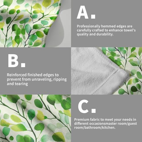 Boho Green Leaves Hand Towels 14x28 Inch 2Pcs Set Cute Botanic Leaf Floral Polyester Soft Fingertip Tea Towel Absorbent Dish Cloth for Bathroom Kitchen Hotel Spa Home Decor