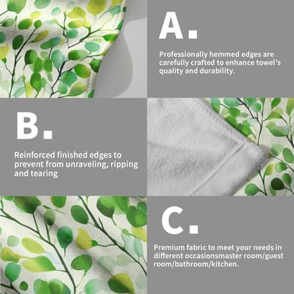 Boho Green Leaves Hand Towels 14x28 Inch 2Pcs Set Cute Botanic Leaf Floral Polyester Soft Fingertip Tea Towel Absorbent Dish Cloth for Bathroom Kitchen Hotel Spa Home Decor