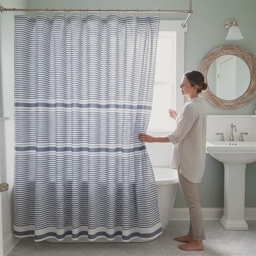 Serafina Home Nautical Denim Blue & White Cotton Fabric Shower Curtain