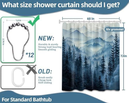 Navy Blue Forest Shower Curtain, 60X72 in, Mountain Rustic Pine Tree