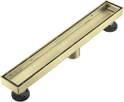 Linear Shower Floor Drain, Brushed Gold 18 Inch 304 Stainless Steel Bathroom Drains Kit, Rectangular Shower Trench Drain with Reversable Tile-in Pattern Drain Cover & Hair Catcher