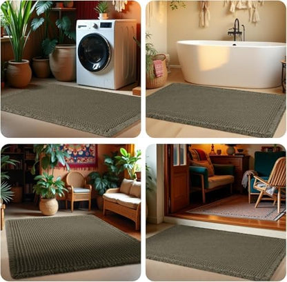 Upgrade Waffle Bath Mat Set 3 Piece, Greyish Green, Boho Bathroom Rugs Absorbent Non Slip, Ultra Soft Bathroom Mat, Machine Washable Knit Bath Rugs with Tassels for Bathroom, Kitchen, Shower, Tub