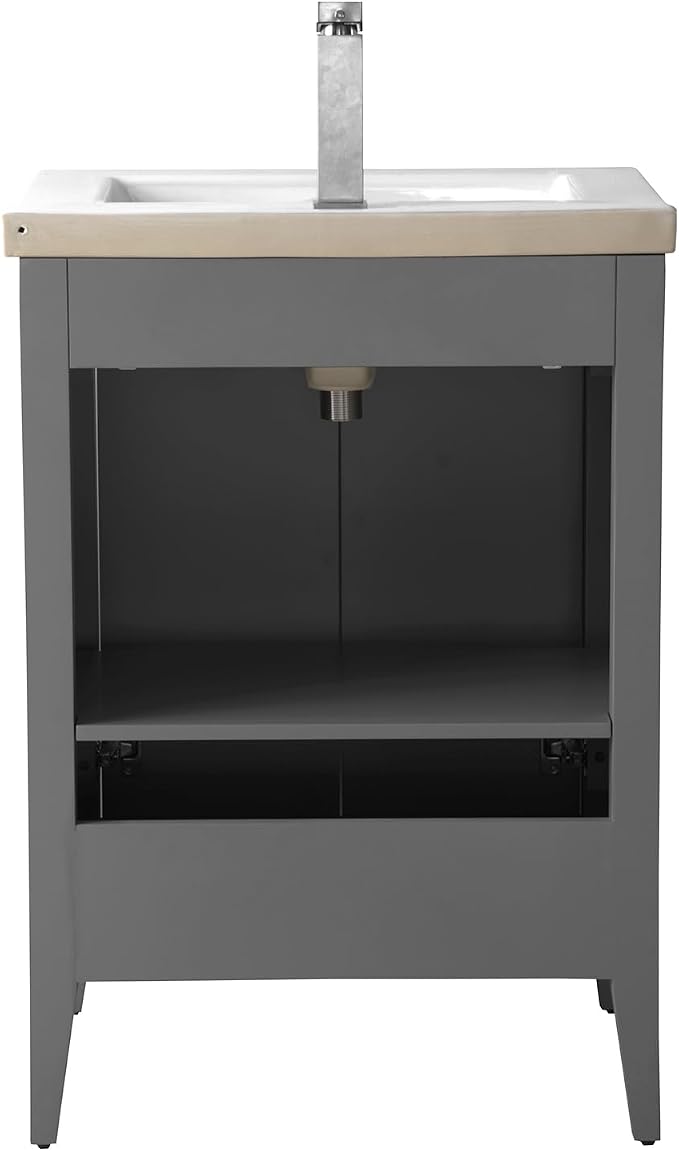 Vanity Art 24 inch Bathroom Vanity with Single Sink & Ceramic Top, Vanity Cabinet with Soft-Closing Door, Solid Wood Frame, Linear Pattern, Cashmere Gray, VA9124-G-MB,Matte Black Handles